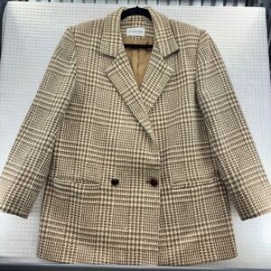 Vtg JH Collectibles Houndstooth Wool Blazer Double Breasted Brown Beige Size 14